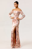 Off The Shoulder Blush Floral Sheath Long Wedding Guest Dress with Slit