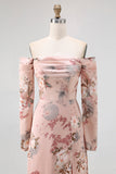 Blush Floral Off The Shoulder Sheath Long Wedding Guest Dress with Slit