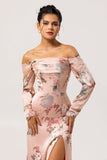 Off The Shoulder Blush Floral Sheath Long Wedding Guest Dress with Slit
