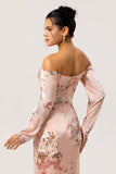 Off The Shoulder Blush Floral Sheath Long Wedding Guest Dress with Slit