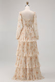 Champagne Floral A Line Tiered Long Sleeve Bridesmaid Dress