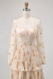 Champagne Floral A Line Tiered Long Sleeve Bridesmaid Dress