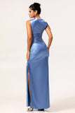 One Shoulder Blue Satin Sheath Bridesmaid Dress with Slit