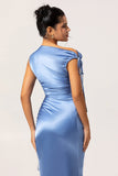 One Shoulder Blue Satin Sheath Bridesmaid Dress with Slit