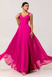 Fuchsia A Line Convertible Chiffon Bridesmaid Dress with Slit