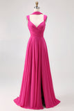 Fuchsia A Line Convertible Chiffon Bridesmaid Dress with Slit