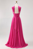 Fuchsia A Line Convertible Chiffon Bridesmaid Dress with Slit