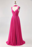 Fuchsia A Line Convertible Chiffon Bridesmaid Dress with Slit