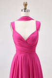 Fuchsia A Line Convertible Chiffon Bridesmaid Dress with Slit