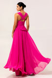Fuchsia A Line Convertible Chiffon Long Bridesmaid Dress with Slit