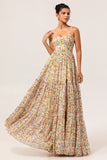 Yellow Floral A Line Beaded Long Bridesmaid Dress with Slit