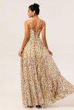 Yellow Floral A Line Beaded Long Bridesmaid Dress with Slit