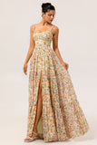 Yellow Floral A Line Beaded Long Bridesmaid Dress with Slit