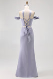Off The Shoulder Dusty Blue Mermaid Bridesmaid Dress