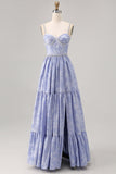 Blue Flower A-Line Beaded Wedding Guest Dress with Slit