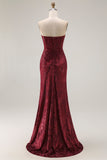 Burgundy Strapless Corset Burnout Velvet Bridesmaid Dress with Slit