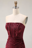 Burgundy Strapless Corset Burnout Velvet Bridesmaid Dress with Slit