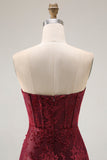 Burgundy Strapless Corset Burnout Velvet Bridesmaid Dress with Slit