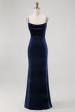 Dark Blue Spaghetti Straps Mermaid Bridesmaid Dress