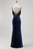 Dark Blue Spaghetti Straps Mermaid Bridesmaid Dress