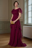 Burgundy A Line Ruffled Long Chiffon Choir Dress with Flutter Sleeves
