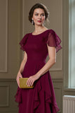 Burgundy A Line Ruffled Long Chiffon Choir Dress with Flutter Sleeves