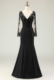 Black Mermaid V-Neck Long Mother of the Bride Dress with Lace Appliques