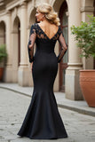 Black Mermaid V-Neck Long Mother of the Bride Dress with Lace Appliques