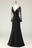 Black Mermaid V-Neck Long Mother of the Bride Dress with Lace Appliques