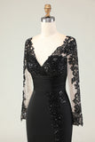 Black Mermaid V-Neck Long Mother of the Bride Dress with Lace Appliques
