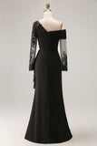 Black Sheath Asymmetrical Long Mother of the Bride Dress with Lace Appliques