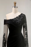 Black Sheath Asymmetrical Long Mother of the Bride Dress with Lace Appliques