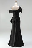 Black Mermaid Asymmetrical Long Mother of the Bride Dress with Appliques