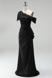 Black Mermaid Asymmetrical Long Mother of the Bride Dress with Appliques