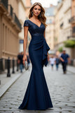 Navy Mermaid V-Neck Sequin Long Choir Dress with Sash