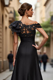 A Line Asymmetrical Appliqued Black Mother of the Bride Dress