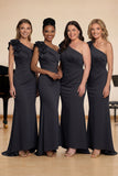 One Shoulder Black Satin Mermaid Ruched Long Choir Dress with 3D Flowers