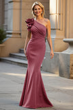 One Shoulder Black Satin Mermaid Ruched Long Choir Dress with 3D Flowers