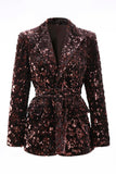 Coffee 2 Piece Peak Lapel Sequin Women's Prom Suit with Belt