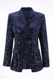 2 Piece Sequin Peak Lapel Double Breasted Navy Women's Prom Suit
