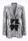 Sparkly Silver Grey Peak Lapel Women's Prom Blazer with Bows