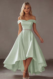 Ivory Satin A Line High Low Engagement Dress with Rhinestones