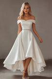 Ivory Satin A Line High Low Engagement Dress with Rhinestones