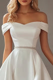 Ivory Satin A Line High Low Engagement Dress with Rhinestones
