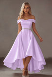 Ivory Satin A Line High Low Engagement Dress with Rhinestones
