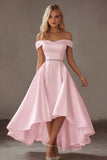 Ivory Satin A Line High Low Engagement Dress with Rhinestones