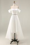 Ivory Satin A Line High Low Engagement Dress with Rhinestones