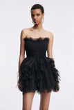 Strapless A-Line Tulle Little Black Dress with Ruffles