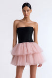 Tiered Black and Pink A-Line Strapless Tulle Little Black Dress