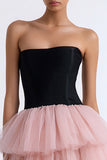 Tiered Black and Pink A-Line Strapless Tulle Little Black Dress